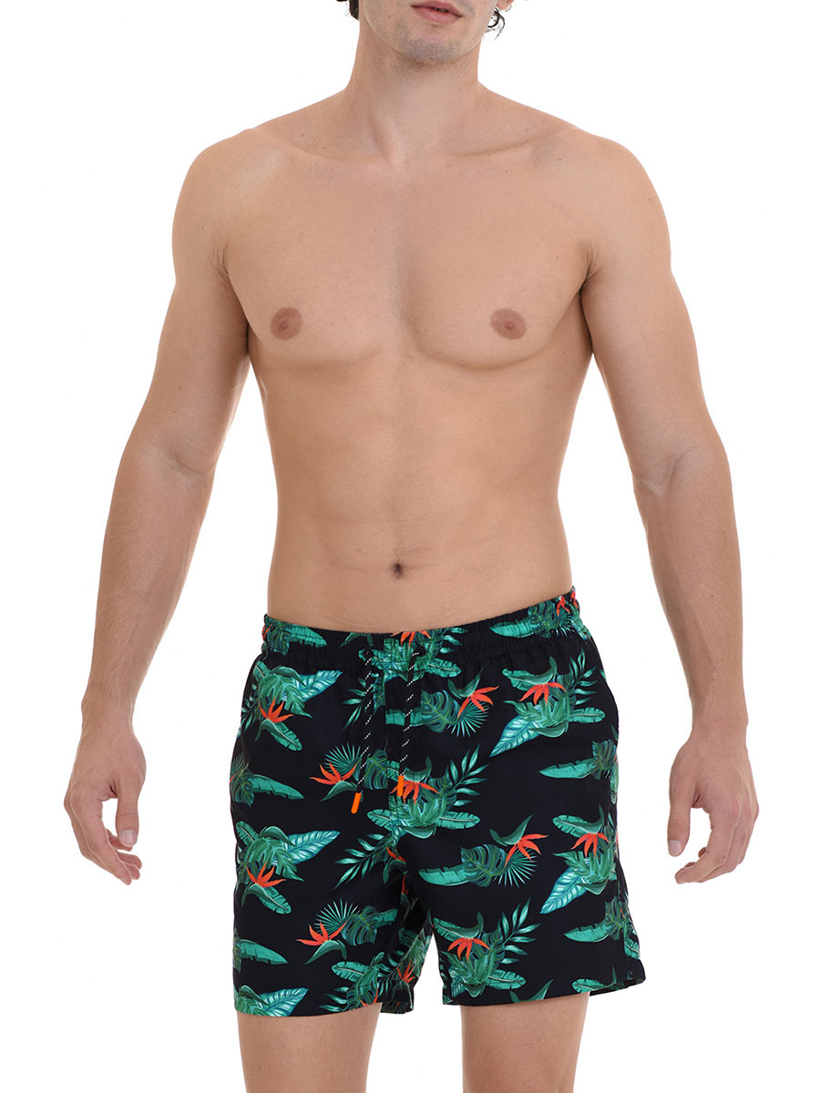 Бързосъхнещи мъжки бански шорти | MiandMi | Цвят: Черни на зелени цветя