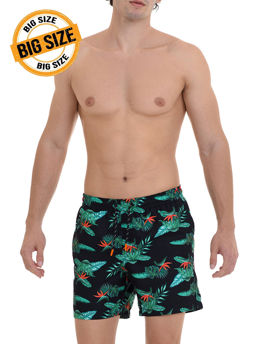 Бързосъхнещи мъжки бански шорти големи размери | MiandMi | Цвят: Черни на зелени цветя
