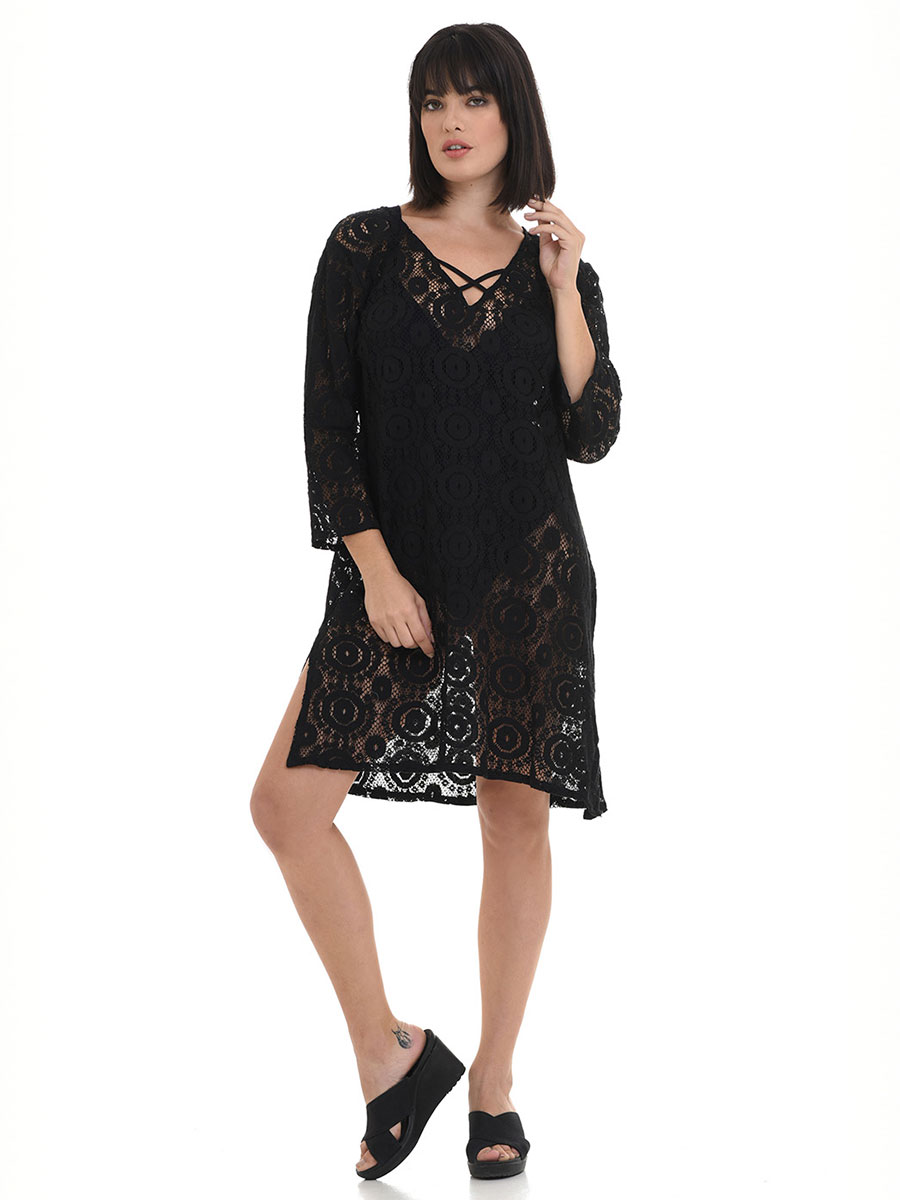 Полупрозрачна черна дантелена плажна рокля с 3/4 ръкав | MiandMi | 100% памук