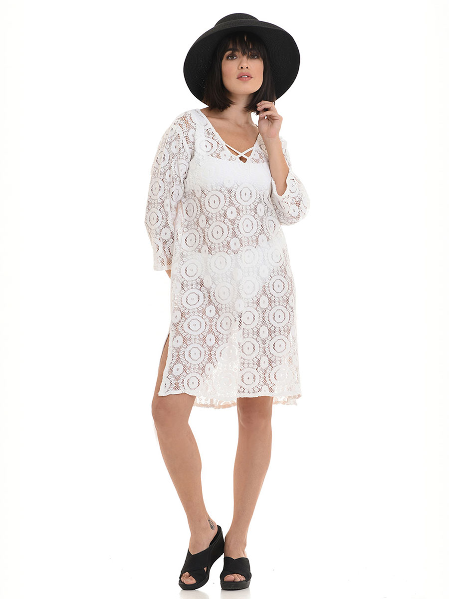 Полупрозрачна бяла дантелена плажна рокля с 3/4 ръкав | MiandMi | 100% памук