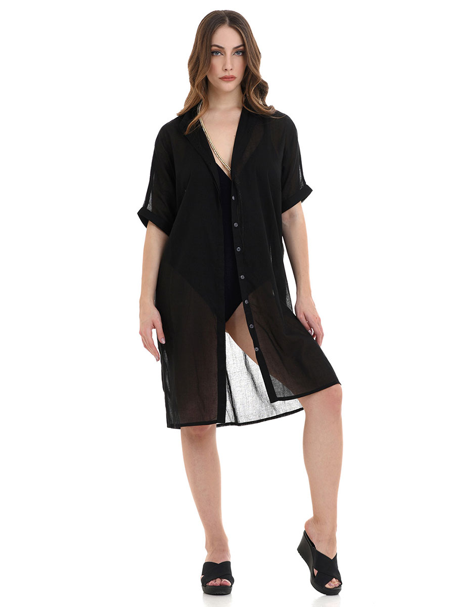 Черна плажна туника тип риза с къс ръкав и копчета | MiandMi | 100% памук