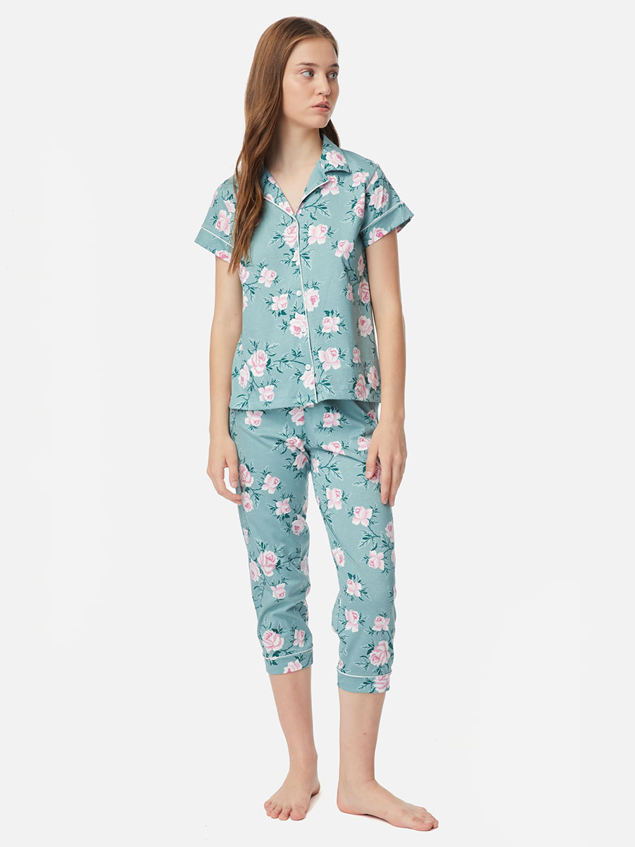 Дамска пижама с блуза къс ръкав на копчета и 7/8 панталонки | Minerva | 100% пениран памук