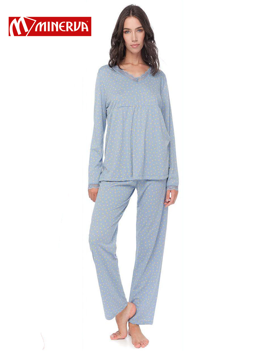 Дамска пижама с дълъг ръкав и дантела Harts Blue | 100% естествени суровини  | MINERVA