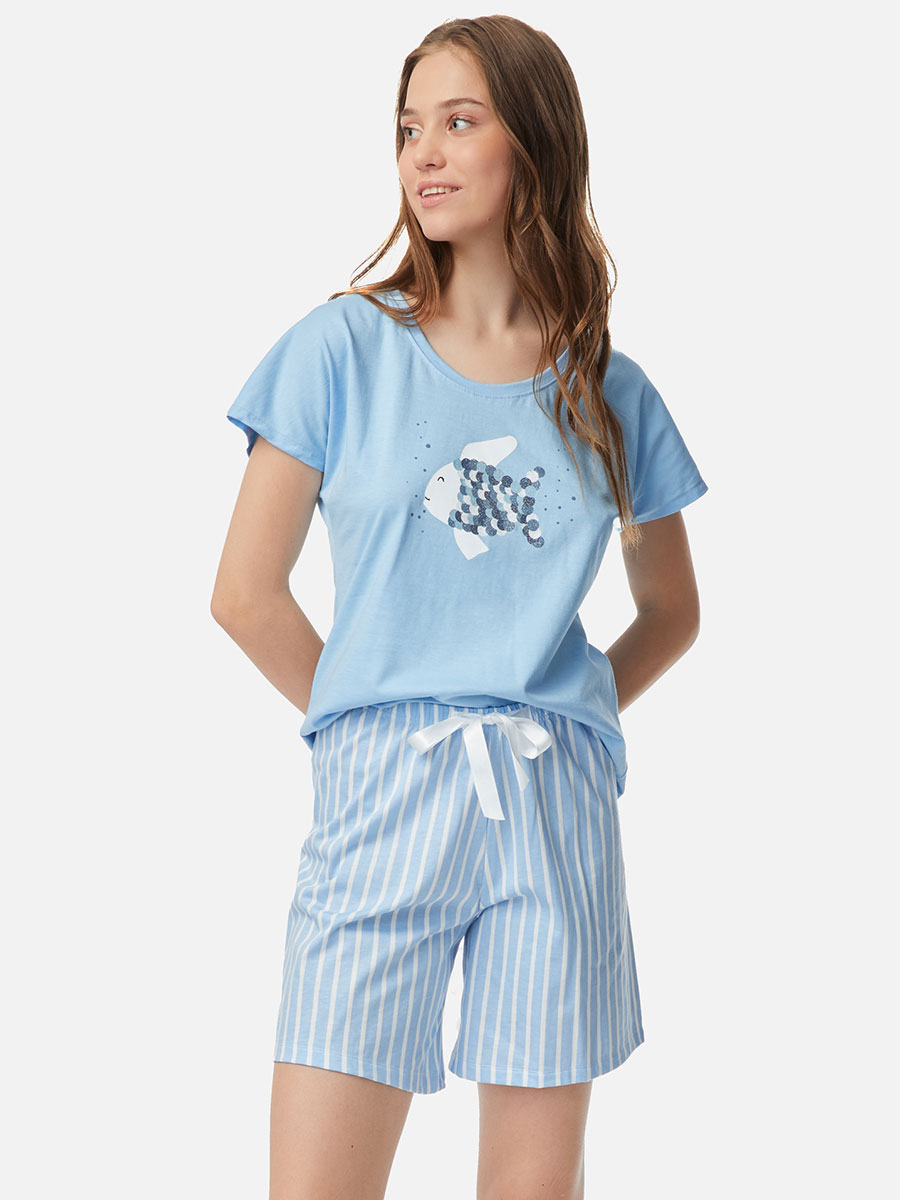 Дамска лятна пижама с къс ръкав и панталонκи | 100% пениран памук | Vida Minerva