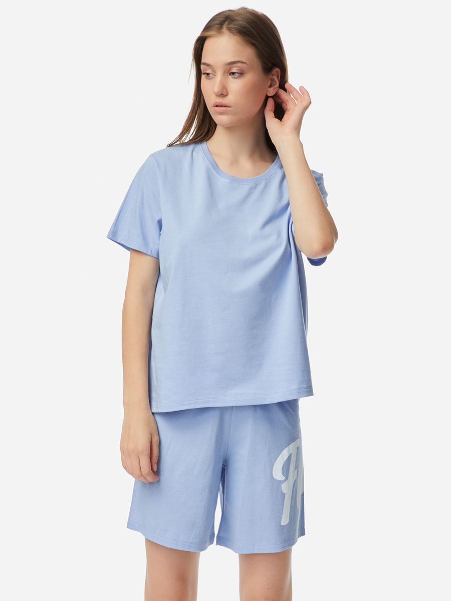 Дамска пижама от 100% памук с къс ръкав и панталони | Minerva | Цвят: Синя лавандула