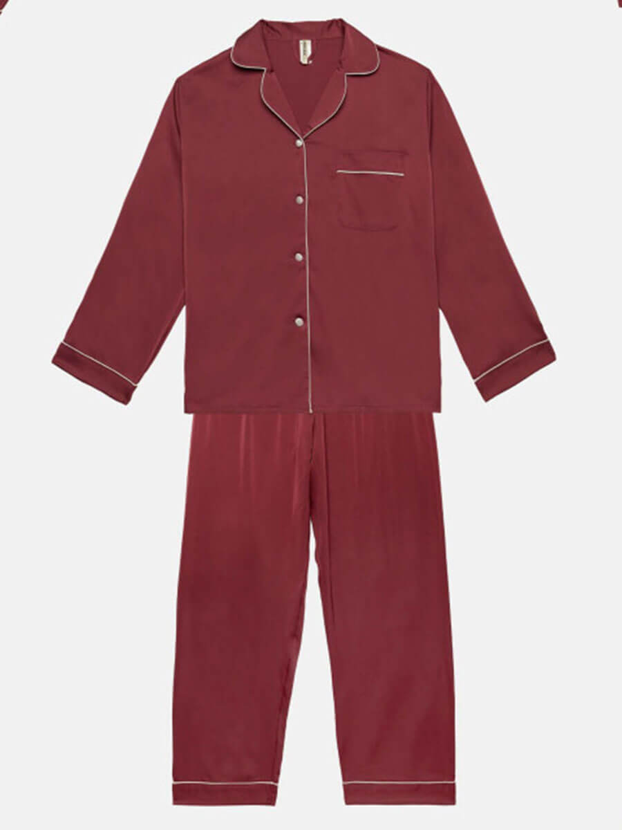Дамска сатенена пижама с дълъг ръкав и копчета | Minerva | Цвят: азалия