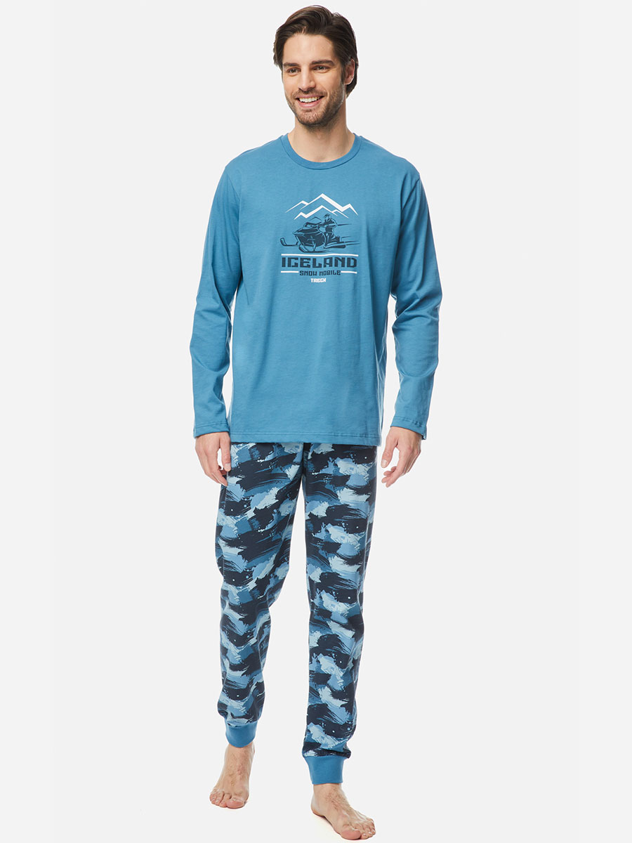 Мъжка пижама от 100% памук с дълъг ръкав и картинка | Minerva | Цвят: син