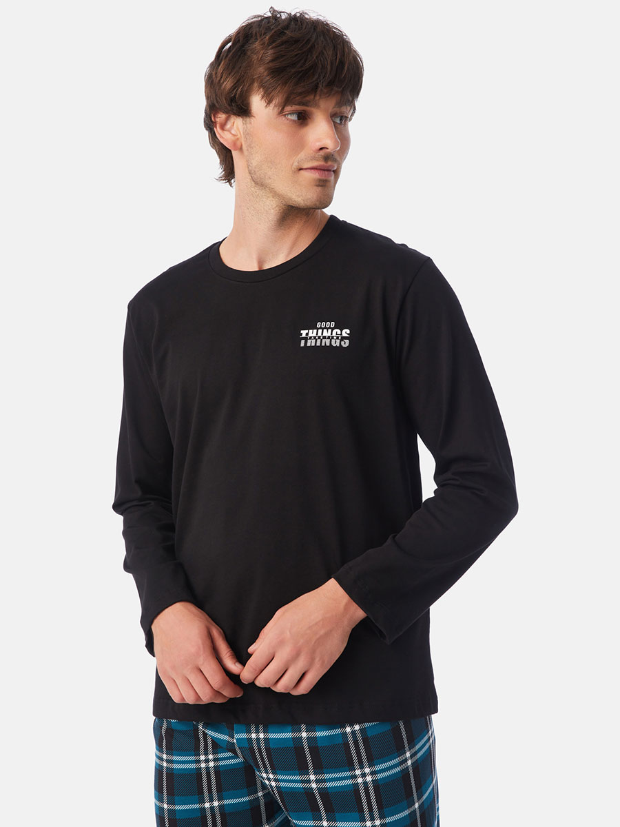 Домашна мъжка блуза Good things с дълъг ръкав от 100% памук | MINERVA | Цвят: Черна