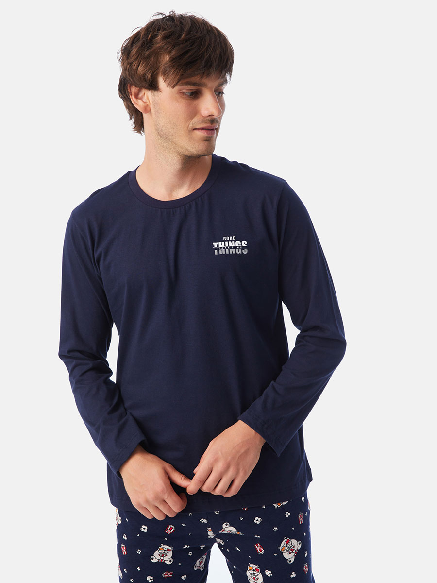 Домашна мъжка блуза Good things с дълъг ръкав от 100% памук | MINERVA | Цвят: Тъмно синя