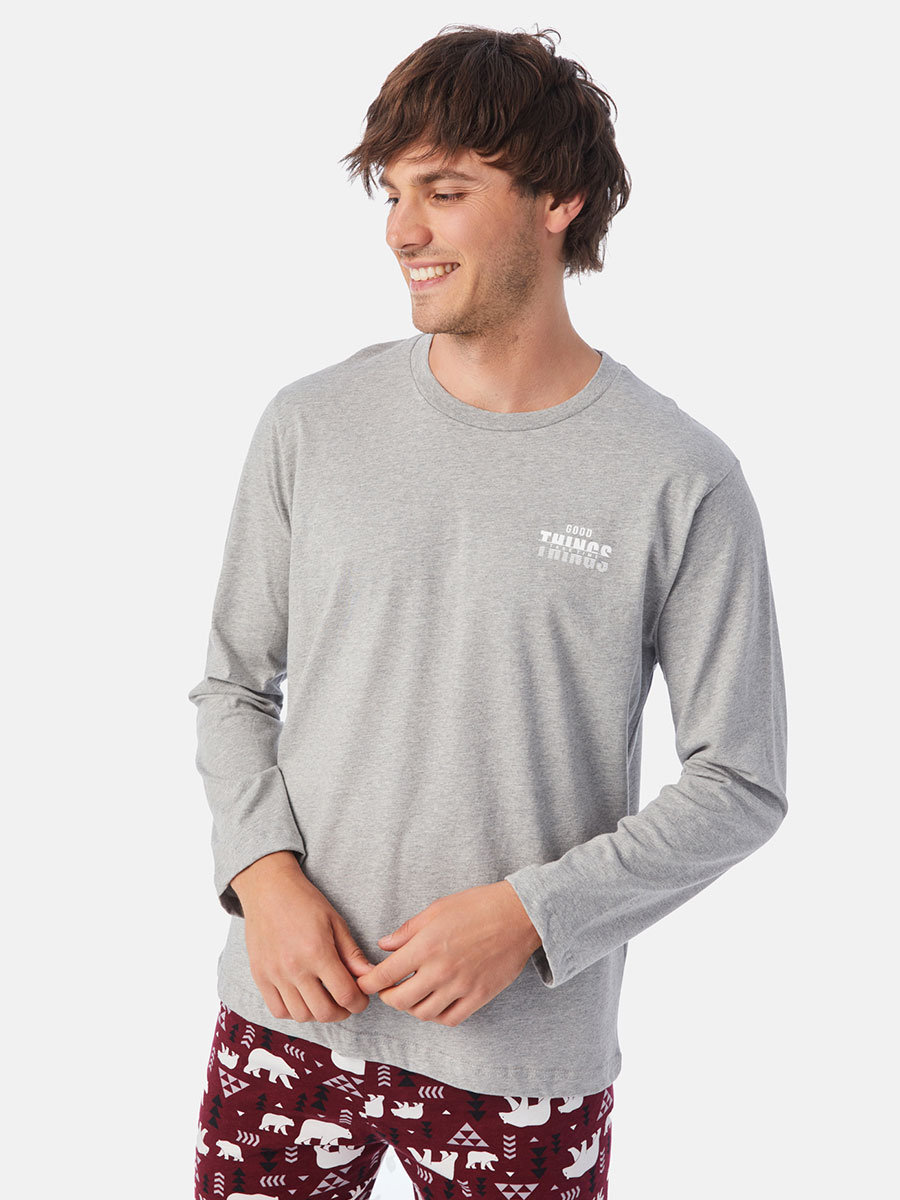 Домашна мъжка блуза Good things с дълъг ръкав от 100% памук | MINERVA | Цвят: Сива