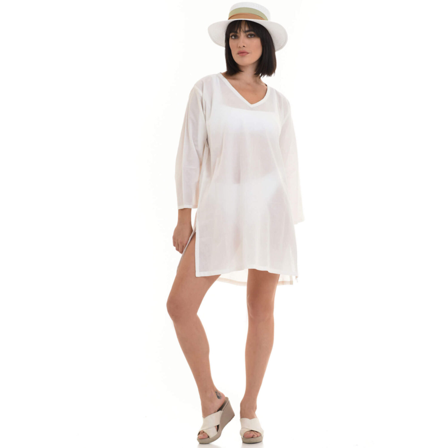 Бяла плажна рокля с 7/8 ръкави от 100% памук | MiandMi