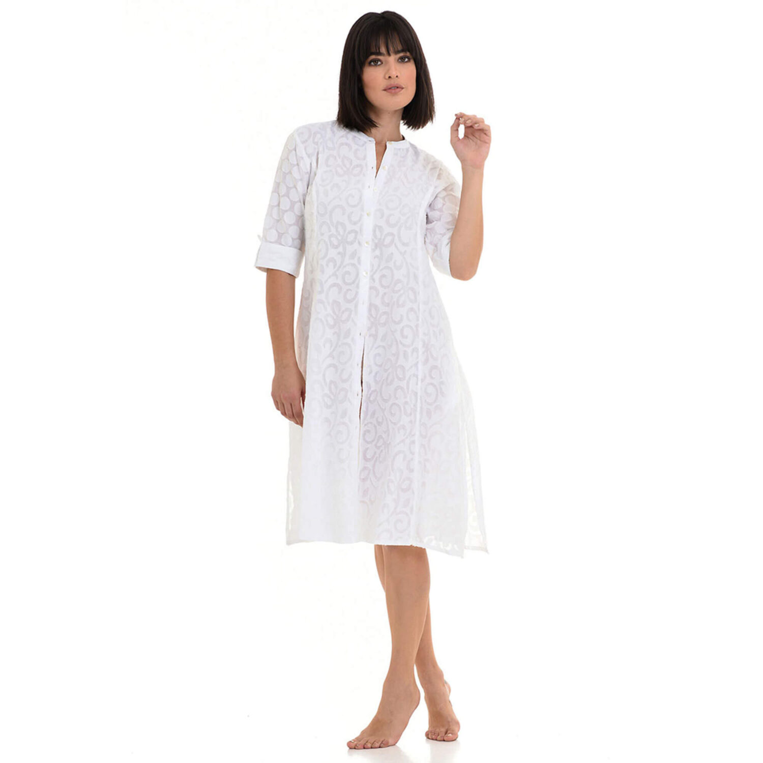 Бяла плажна рокля от 100% памук с копчета и 3/4 ръкави | MiandMi