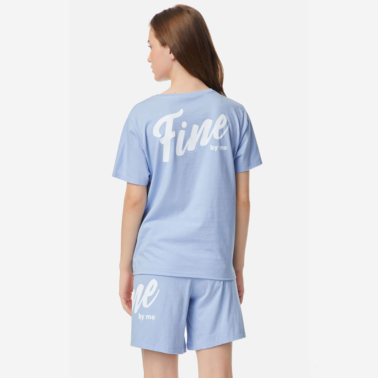 Памучна пижама с къс ръкав и панталони и надпис Fine by me | Minerva | Цвят: Синя лавандула