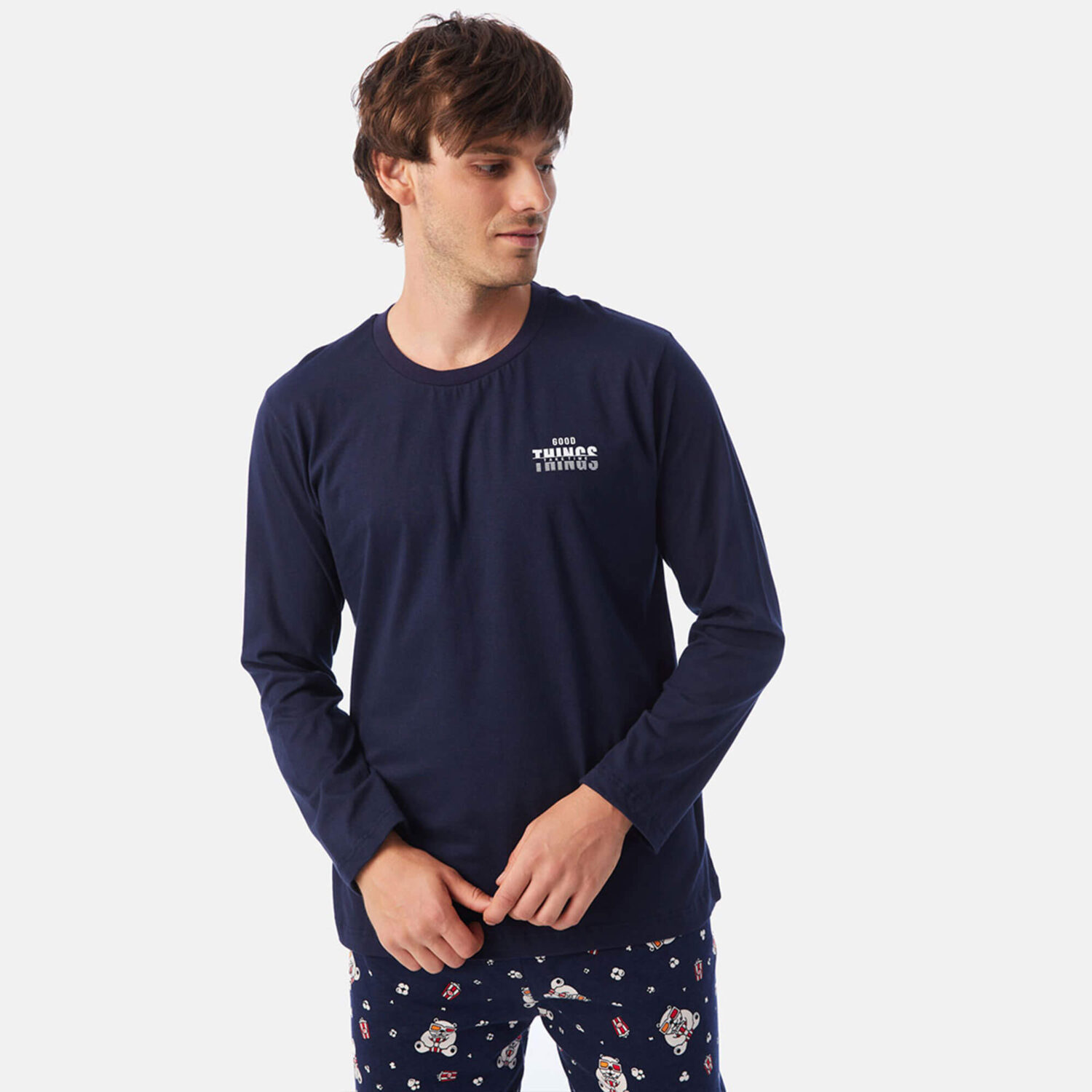 Мъжка домашна блуза с дълъг ръкав Good things от 100% памук | Minerva | Цвят: тъмно синя