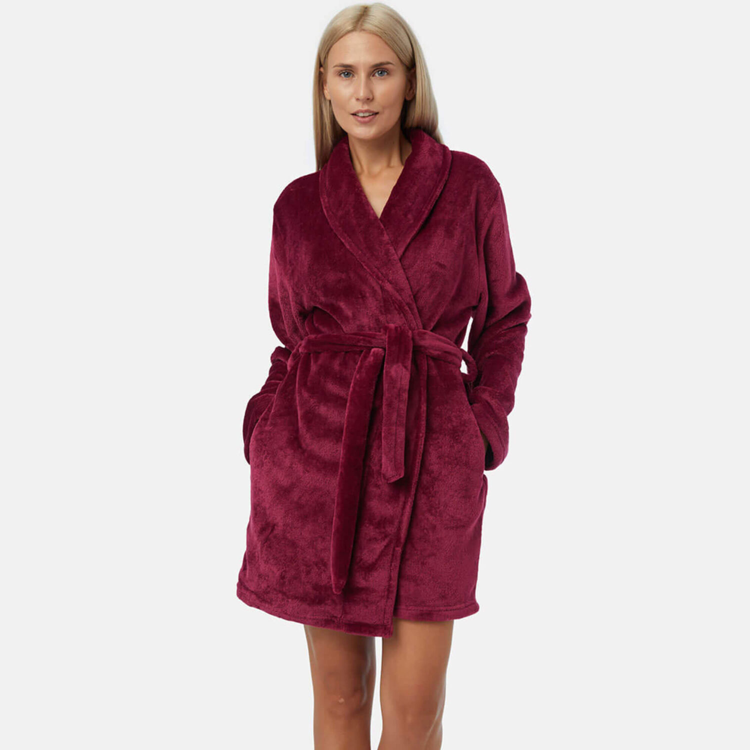 Къс дамски поларен халат за вкъщи с два странични джоба | Minerva | Цвят: бордо