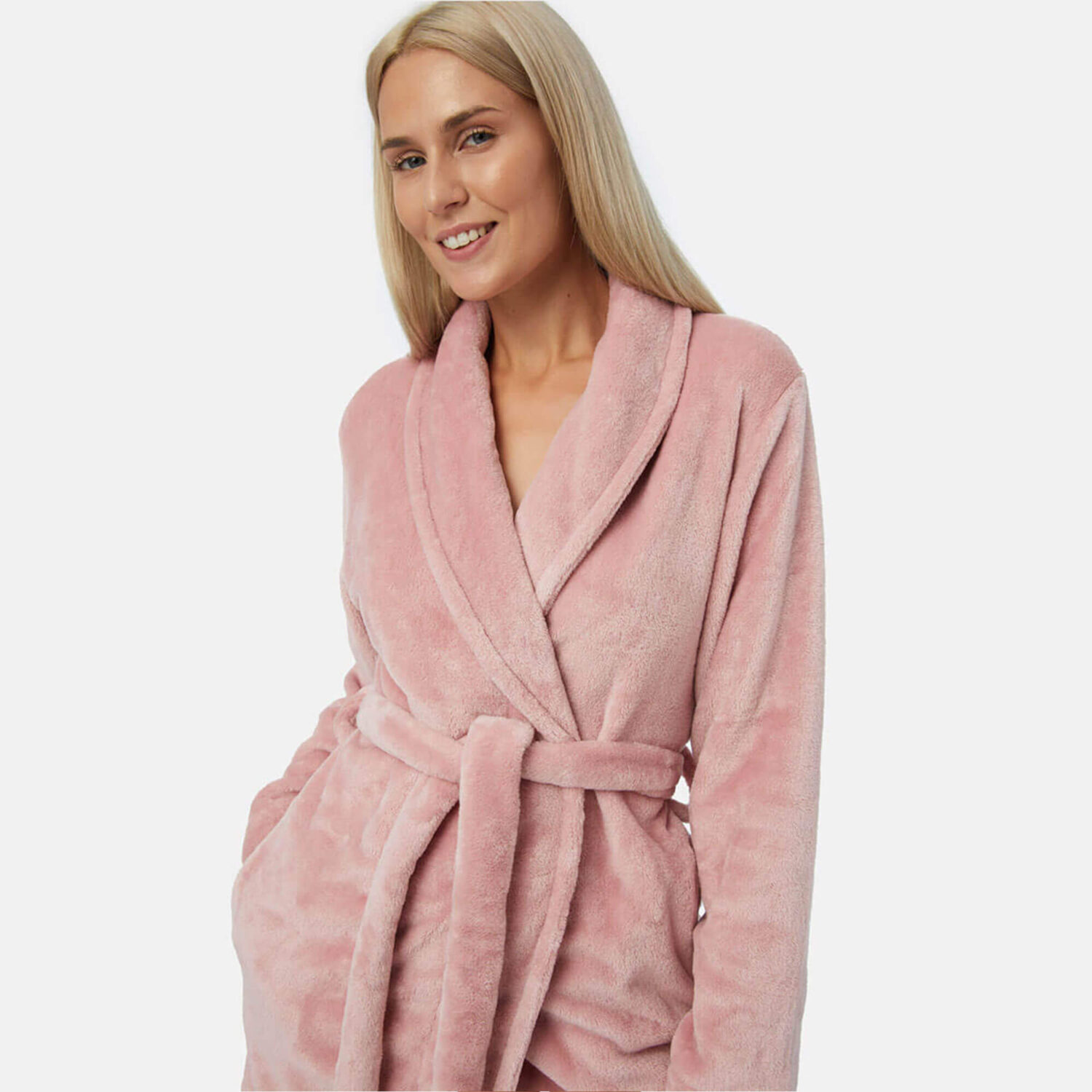 Къс домашен дамски халат от пухкав полар | Minerva | Цвят: розов