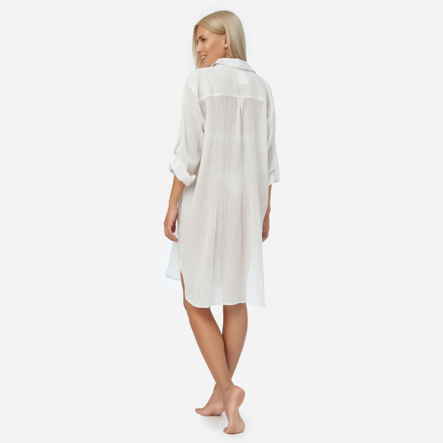 Памучна бяла плажна рокля тип дълга риза с две цепки по дължина на бедрата | Minerva